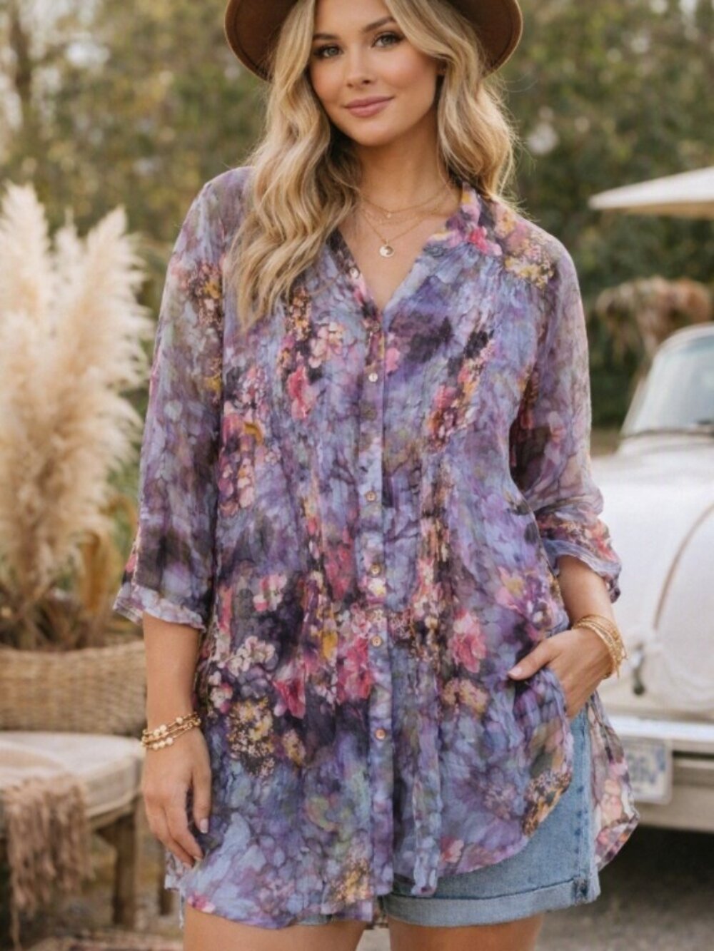 Serengeti Sheer Watercolor Floral Button‑Up Tunic Dress L Romantic Boho Lavender